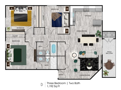 Floor plan for 3 beds, 2 baths, 1192 sqft